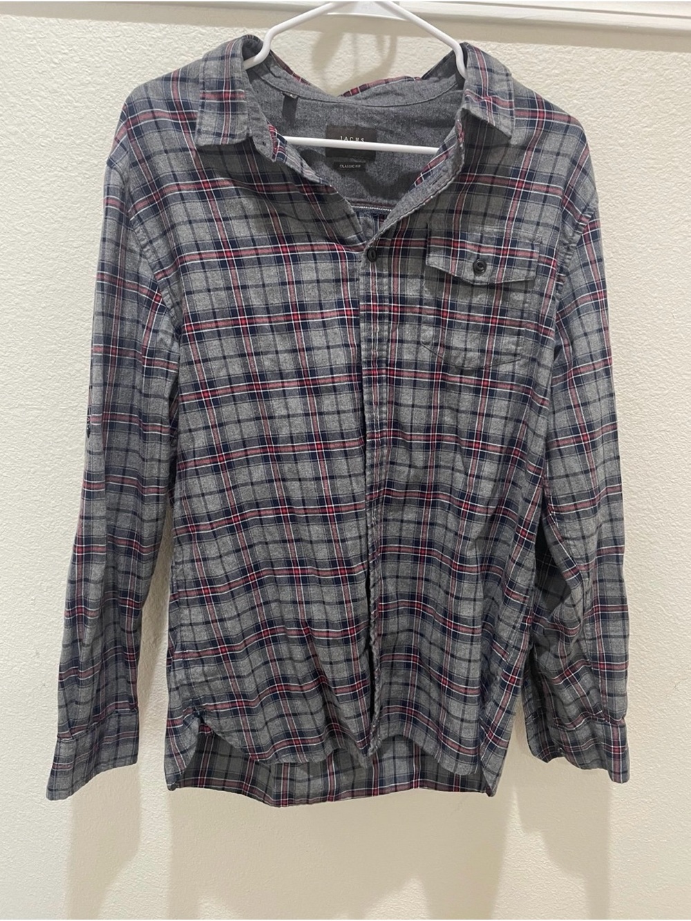 Jachs men’s plaid polo shirt size L classic fit button gray red